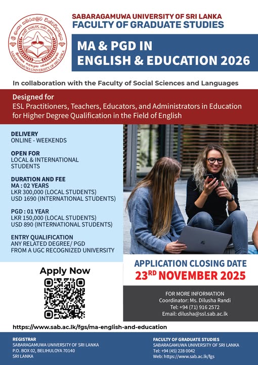 𝐌𝐚𝐬𝐭𝐞𝐫 𝐨𝐟 𝐀𝐫𝐭𝐬 𝐚𝐧𝐝 𝐏𝐨𝐬𝐭𝐠𝐫𝐚𝐝𝐮𝐚𝐭𝐞 𝐃𝐢𝐩𝐥𝐨𝐦𝐚 𝐢𝐧 𝐄𝐧𝐠𝐥𝐢𝐬𝐡 𝐚𝐧𝐝 𝐄𝐝𝐮𝐜𝐚𝐭𝐢𝐨𝐧 – 𝐒𝐚𝐛𝐚𝐫𝐚𝐠𝐚𝐦𝐮𝐰𝐚 𝐔𝐧𝐢𝐯𝐞𝐫𝐬𝐢𝐭𝐲 𝐨𝐟 𝐒𝐫𝐢 𝐋𝐚𝐧𝐤𝐚