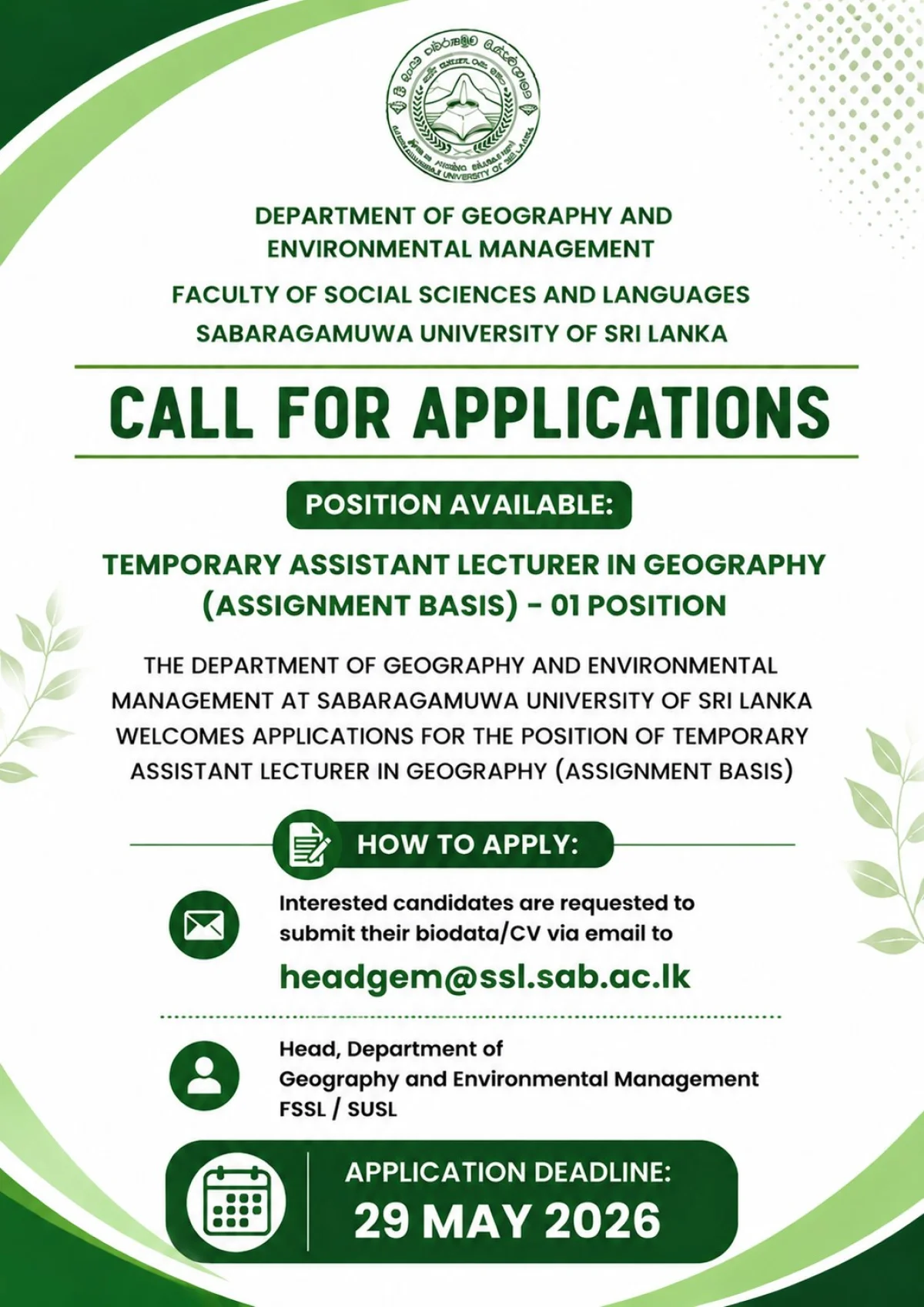Call for Applications: Temporary Assistant Lecturer (Assignment Basis) in Geography